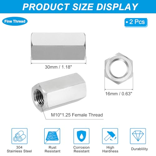 PATIKIL M10x1.25 Pitch 304 Stainless Steel Hex Coupling Nuts, 2 Pcs 30mm / 1.18" Length Fully Threaded Rod Coupling Nut Studding Connector Fasteners, Silver Tone - size: M10-1.25 x 30mm
