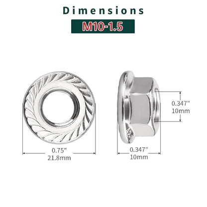 M10-1.5 Serrated Flange Nuts (25 pcs), 304 Stainless Steel 18/8, Coarse Thread, Bright Finish, Serrated Flange Hex Nuts, Fayeploo - color: Silver, size: M10-1.5