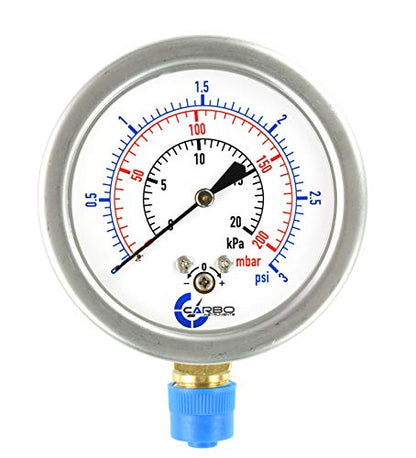 Diaphragm Low Pressure Capsule Gauge, 2-1/2" Dial, 3 PSI Range, 1/4" NPT Lower Mount, Stainless Steel Case, Brass Internals, Adjustable, Scales 3 PSI / 20 kPa / 200 mBar - size: 3 PSI