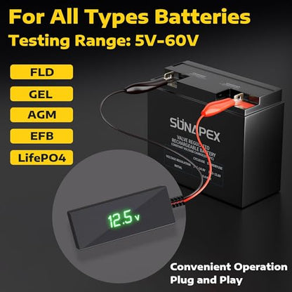 SUNAPEX 5V-60V Digital Battery Voltage Tester with LCD & Alligator Clips
