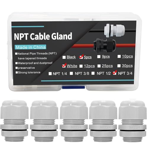 5-Pack 3/4" NPT Cable Glands, IP68 Waterproof Nylon PA66 Strain Relief Cord Grips, Adjustable Locknut for 13-18mm Wire, Electrical Conduit Fitting with Gaskets & PP Box,Grey - color: Gray, size: 3/4"-5pcs