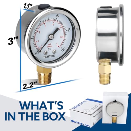 SENCTRL 0-100 Psi Pressure Gauge, 1/4" NPT Lower Mount - size: 0-100Psi, style: Lower Mount