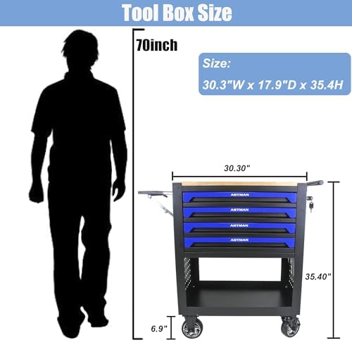 4 Drawers Rolling Tool Cart on Wheels, Wood Countertop Heavy Duty Tool Chest with Adjustable Shelf, Locking System, Rolling Tool Cabinet Trolley for Garage,Warehouses,Repair Shops (Blue) - color: Blue