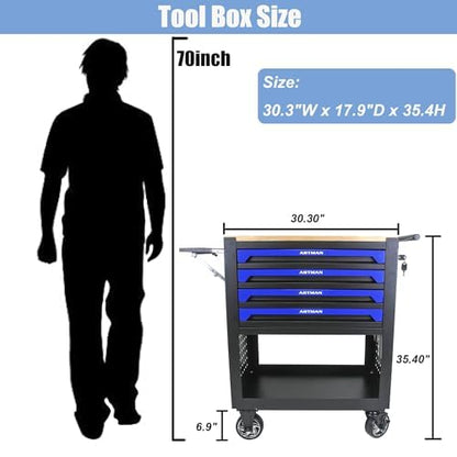 4 Drawers Rolling Tool Cart on Wheels, Wood Countertop Heavy Duty Tool Chest with Adjustable Shelf, Locking System, Rolling Tool Cabinet Trolley for Garage,Warehouses,Repair Shops (Blue) - color: Blue