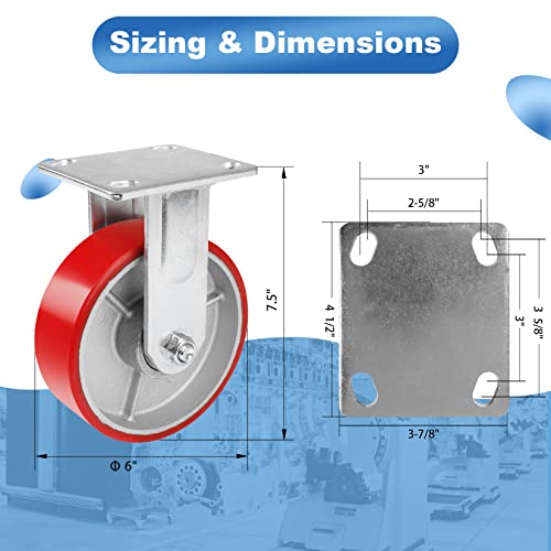 Nefish 6 Inch Industrial Fix Casters Heavy Duty No Noise Polyurethane Wheel on Steel Hub, 1200 Lbs Load Capacity Per Rigid Casters for Utility Cart, Dollies (2 Pack) - size: 6 IN （Rigid）