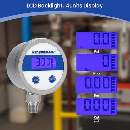 MEASUREMAN Economy Digital Pressure Gauge 2.5" Blue Backlit LCD, 0-30 PSI All Stainless Steel Case 1/4" NPT Connection 1% Accuracy - size: 0-30psi