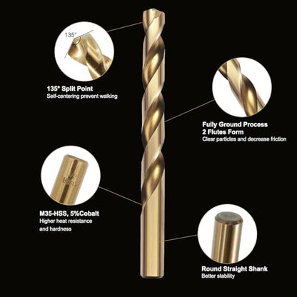 15Pcs Cobalt Drill Bit Set (1/16“-3/8”), M35 HSS, 135 Degree Tip, Twist Jobber Length for Hardened Metal, Stainless Steel, Cast Iron, Wood, and Plastics, with Index Storage Case - style: 15pcs Cobalt Drill