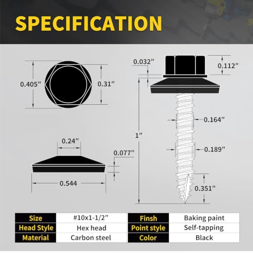 Metal Roofing Screws #10 x 1-1/2", 300 PCS, FIXLINK Baking Paint Hex Head Rubber Washer Sheet Metal Roof Screws Self Tapping Metal to Wood Siding Screws, Hex Socket Included, Black - color: Black, size: #10 x 1-1/2"
