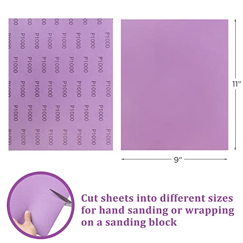 LotFancy 1000 Grit Sandpaper, 30PCS 9 x 11” White Fused Alumina Wet Dry Sanding Sheets, for Automotive Metal Sanding Polishing, Wood Finishing, Purple - size: 1000 Grit