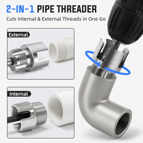 Valkynos 2PCS Internal & External Pipe Threading Tool, 1/2'' 3/4'' PVC Pipe Threader Kit with Storage Case, Heavy-Duty Alloy Steel, Electric Drill Compatible for Plumbing and Home Repair - size: 1/2"+3/4"
