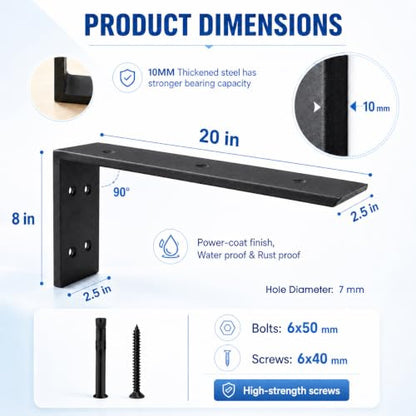 WINKER Countertop Support Bracket 2 Pack Heavy Duty 3/8" Thick Hidden L Shelf Bracket 20" x 8" x 2.5" Metal Corbels for Quartz/Granite/Wood/Concrete/Laminate Countertops, Black (7 Hole) - size: 20″x8″x2.5″-7 hole-3/8" thick, style: Black-2Pack