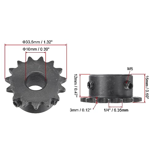 uxcell #25 Chain Roller Sprocket, 10mm Bore 1/4" Pitch 15 Tooth Single Strand Chain Sprocket, C45 Carbon Steel 25 Roller Chain Sprocket with Set Screws for ISO 04C Chain, 2Pcs - size: 33.5mmx10mm