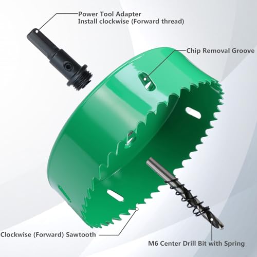 5.7 Inches/145mm Bi-Metal Hole Saw with Arbor & Pilot Bit - color: Green, size: 5.7 inches