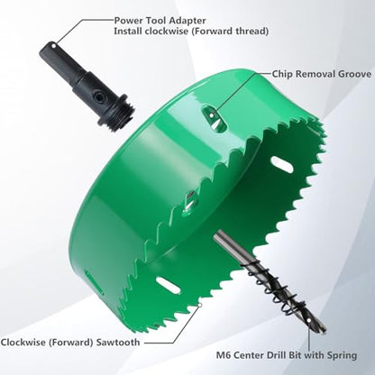 5.7 Inches/145mm Bi-Metal Hole Saw with Arbor & Pilot Bit - color: Green, size: 5.7 inches