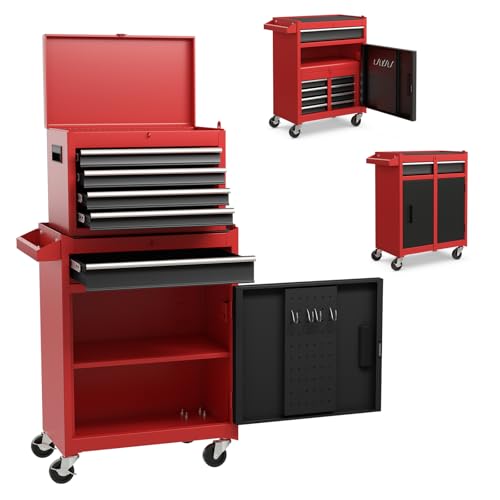DREAMADE 5-Drawer Tool Chest Combo, Rolling Tool Cabinet w/Detachable Top Tool Box, Adjustable Shelves, Lockable Wheels, Metal Tool Box for Garage, Workshop, Repair Shop Storage (Red+Black) - color: Red+black