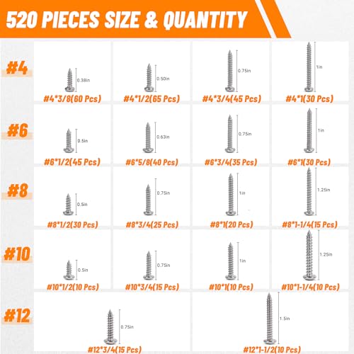 510 PSC Stainless Steel Screw Assortment Kit - #4#6#8#10#12 Phillips Pan Head, Self-Tapping for Wood & Metal - size: 510PCS Silver