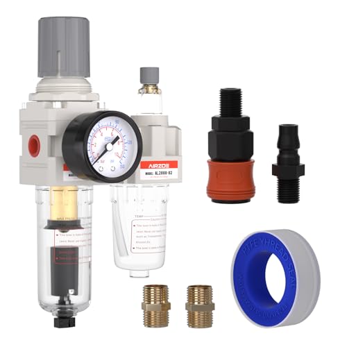 AIRZOE 1/4" NPT Air Filter Regulator Lubricator Combo AC2010-02D - color: Auto Drain / White / Metal Coupler, size: 1/4"NPT