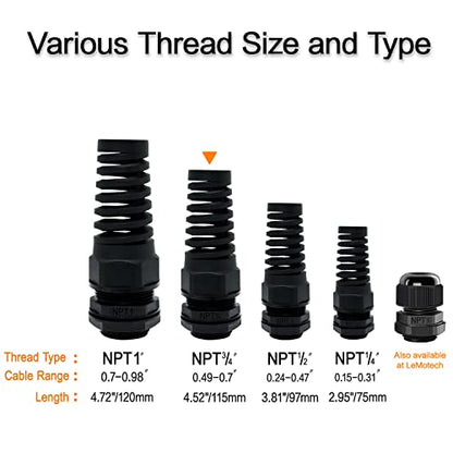 LeMotech 5Pcs NPT 3/4" IP68 Waterproof Cable Gland Flex Spiral Strain Relief Black Nylon Joint with Gaskets for 13-18mm Wire Thread - color: Black, size: NPT 3/4" (5-Pack)