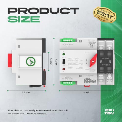 Automatic Transfer Switch 100A AC110V/220V, Dual Power ATS 2P/4P Automatic/Manual Transfer Switch din Rail mounting for Home Generator, RV，Public/Backup Power Supply - size: Automatic Transfer Switch 2P 110V