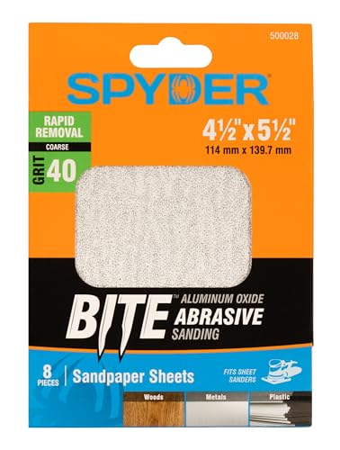 Spyder 8-Sheets Aluminum Oxide 40 Grit Sandpaper with Stearate, for 1/4-Sheet Palm Sander, 4.5 x 5.5 Inch, Wet Dry Abrasive for Wood, Metal, Plastic (500028)