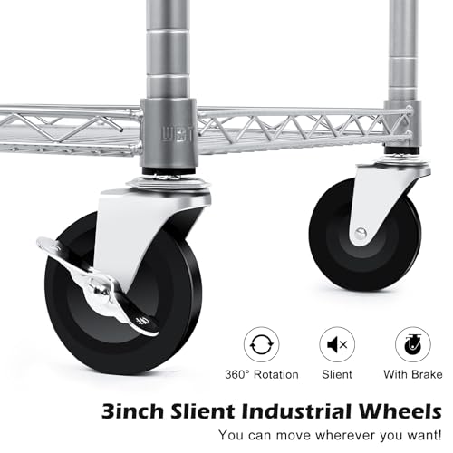 WDT Heavy Duty 3 Tier Utility Cart,Wire Rolling Carts with Wheels, Commercial Grade Service Cart with Shelving Liners and Handle Bar Metal Carts for Kitchen Office Hardware - color: 750lbs Capacity Silver