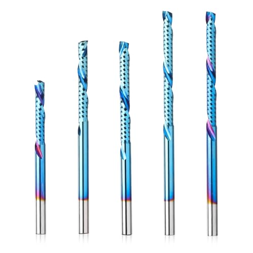 Genmitsu 1/8 Inch Shank 5pcs Carbide Spiral O Flute Up & Down Compression End Mill CNC Router Bits, Nano Blue Coat CNC Carving Cutters for Wood Acrylic PVC PCB MDF, OC05A - style: O-Flute Compression Up & Down 5pcs