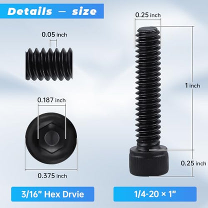 Glvaner 1/4"-20 x 1 (25 pcs) Socket Head Cap Screws, 12.9 Grade Alloy Steel, Black Oxide Finish, Full Thread UNC, Allen Hex Drive - size: 1/4-20 x 1"