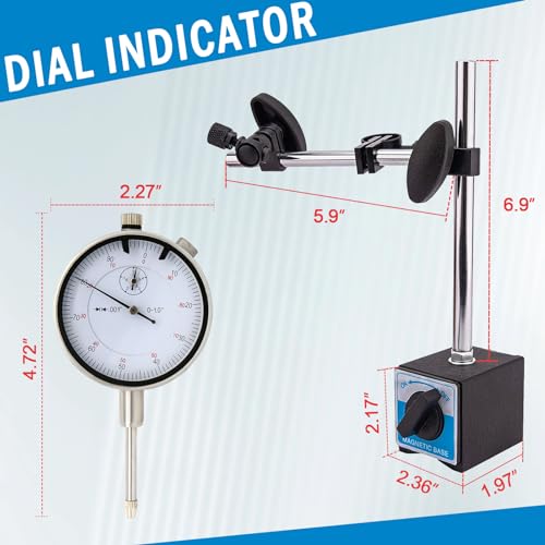 Dial Indicator with Magnetic Base and Point Precision Inspection Set, Dial Test Indicator Long Arm 0-1" Professional Gauge 0.001", Magnetic Dial Indicator Base Holder with Fine Adjustment
