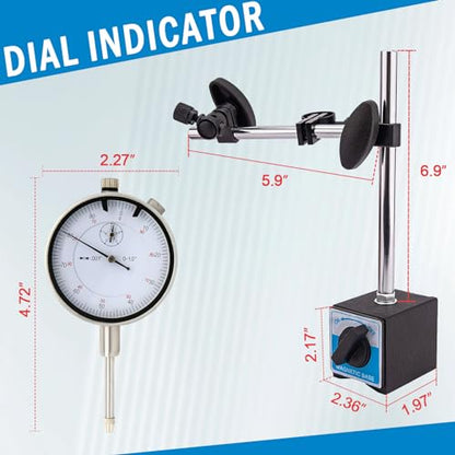 Dial Indicator with Magnetic Base and Point Precision Inspection Set, Dial Test Indicator Long Arm 0-1" Professional Gauge 0.001", Magnetic Dial Indicator Base Holder with Fine Adjustment
