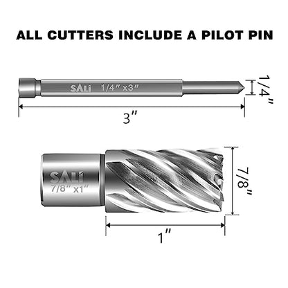 SALI 2 pcs Annular Cutter Diameter 7/8 Inch with Weldon Shank 3/4" (with 2 Flats) Cutting Depth 1" Mag Drill Bit for Magnetic Drill Press HSS Fully Ground Drill with One 1/4"*3" Pilot Pin - size: 7/8"*1"