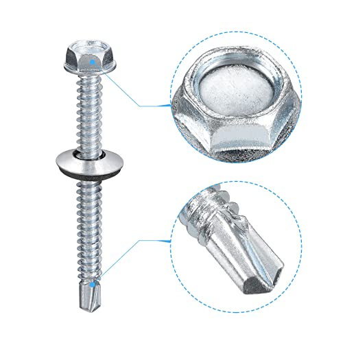 uxcell #14 x 2-1/2" Self Drilling Screws with Rubber Washer, 100pcs Zinc Plated Steel Roofing Screws Hex Head Self Tapping Screws with EPDM Washer for Metal to Metal - size: #14 x 2-1/2"