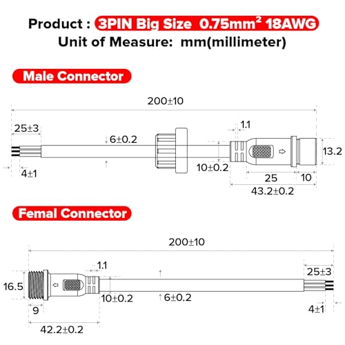 BTF-LIGHTING 3 Pin Electrical Connector 18AWG IP65 Male Female Connector 7.87in/20cm Extension Cable for Car,Truck,Boat,Indoor/Outdoor LED Strip Lights/String 22mm Nut Big Size 5 Pairs - size: 3 PIN Big Size