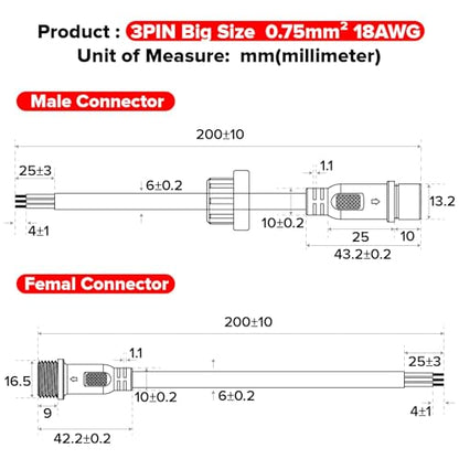 BTF-LIGHTING 3 Pin Electrical Connector 18AWG IP65 Male Female Connector 7.87in/20cm Extension Cable for Car,Truck,Boat,Indoor/Outdoor LED Strip Lights/String 22mm Nut Big Size 5 Pairs - size: 3 PIN Big Size