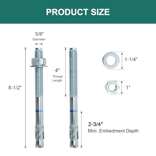 5/8" x 8-1/2" Concrete Anchors (10 Pack) 5/8 inch Wedge Anchors Bolts Zinc Plated - size: 5/8"x8-1/2"