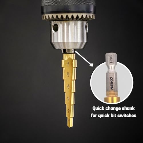 NEIKO 10604A Step Drill Bit, 6 Steps 3/16" to 1/2" Straight High Speed Steel, Titanium Nitride Coated, 1/4" Quick Change Step Bits for Steel, Metal, Wood, Plastic, Unibit Cone Drill Bits, Two Flute - size: #2 (3/16 - 1/2", 6S), style: Straight