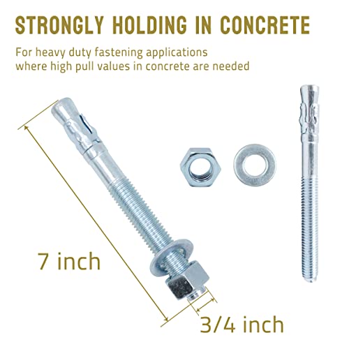 3/4 Concrete Anchors, Zinc-Plated Steel Wedge Anchors, 2 Pack - size: 3/4" x 7"