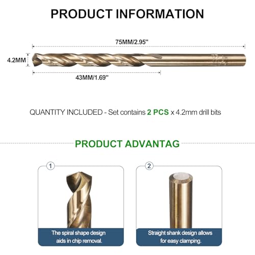 METALLIXITY Drill Bit (4.2mm) M35 5% Cobalt High-Speed Steel 135° 2Pcs - size: 4.2mm