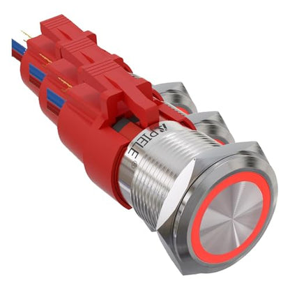 APIELE 19mm Latching Push Button Switch 12V DC Angel Eye Halo Ring LED Metal 0.74" 1NO1NC SPDT with Wire Socket Plug (RED) (Pack of 3) - color: Silver Shell-Red, size: Silver Shell (Pack of 3)