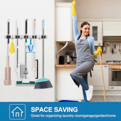 IMILLET 2 Pack Broom Holder Wall Mount Stainless Steel Mop Organizer - color: Stainless Steel - 5 Racks with 4 Hooks, size: 2 Pack