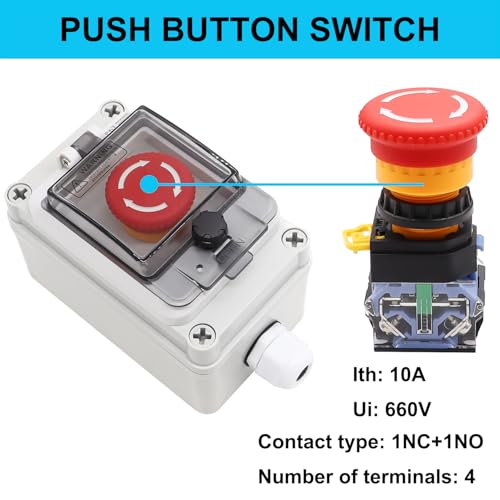 TWTADE e-Stop Push Button Switch with Box Outdoor IP67 Waterproof Emergency Stop Push Button Station Box 22mm 1NO 1NC Emergency Stop Switch with Protective Cover - color: White with IP67 Box, size: 1NO 1NC