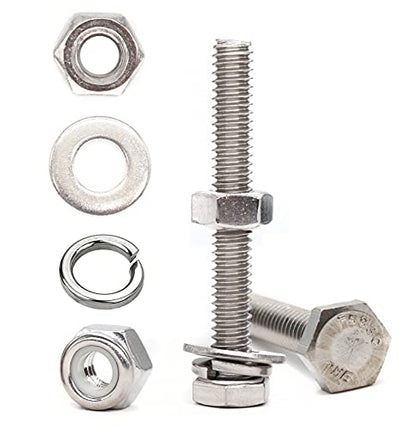 50pcs(10 Sets) 1/4-20 x 1-1/2" Hexagon Bolts, Nylon Inserted Lock Nuts,Hex Nuts, Spring Washers, Flat Washers,A2-70/18-8/304 Stainless Steel, Plain Finish, Full Thread - size: 1/4-20 x 1-1/2