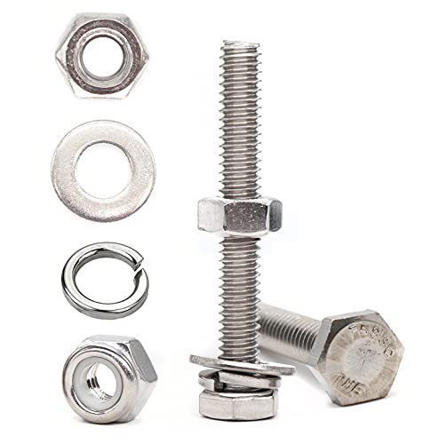 50pcs(10 Sets) 1/4-20 x 1-1/2" Hexagon Bolts, Nylon Inserted Lock Nuts,Hex Nuts, Spring Washers, Flat Washers,A2-70/18-8/304 Stainless Steel, Plain Finish, Full Thread - size: 1/4-20 x 1-1/2