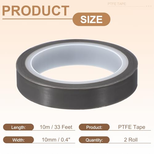PATIKIL 0.4" x 33ft Heat Resistant Tape, High Temperature Tape PTFE Adhesive High Heat Tape Waterproof Smooth Surface for Vacuum Sealer Machine Insulation Protection, 0.08mm Thick, 2PCS - size: 0.08x10mm