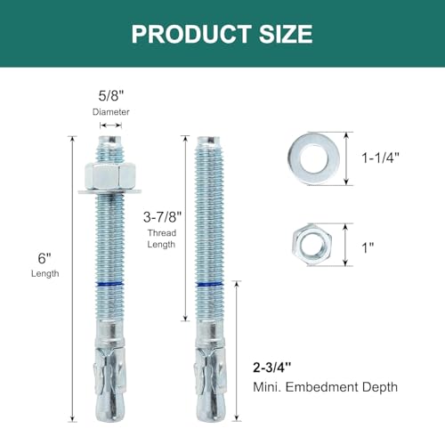 5/8" x 6" Concrete Anchors (10 Pack) 5/8 inch Wedge Anchors Bolts Zinc Plated - size: 5/8"x6"