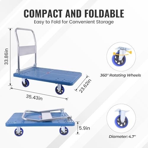 Foldable Push Cart Dolly 660 lbs,Moving Platform Hand Truck,with 360° Swivel Wheels, for Home Garage Workshops, Loading, Storage, Warehouse