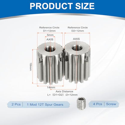 uxcell 2Pcs 1 Mod 12T Spur Gear 5mm Bore, 304 Stainless Steel Pinion Gear - size: 1 Mod 12T, 5mm