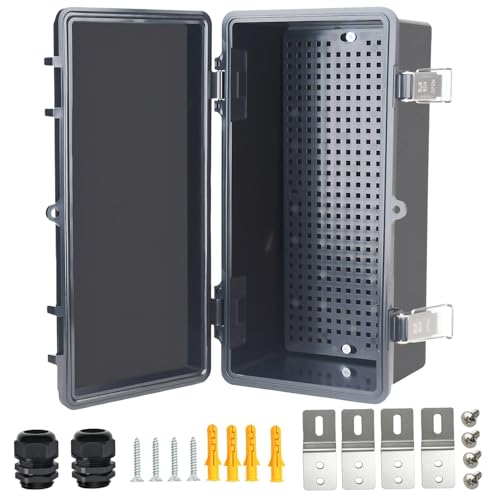 Electrical Junction Box, IP67 Waterproof Outdoor Box ABS Plastic Enclosure with Stainless Steel Latches & Brackets, Hinge Black Cover Project Box with Mounting Plate 10.6"x5.1"x4.3" - color: Black, size: 10.6"x5.1"x4.3"