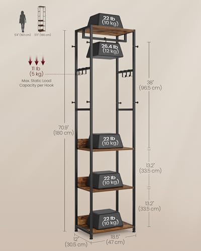 VASAGLE Freestanding Coat Rack, Hall Tree with Shelves, Steel Frame - color: Ink Black + Rustic Brown, style: Industrial