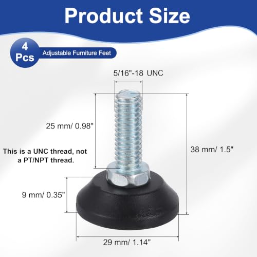 uxcell 5/16"-18 Thread Furniture Feet Levelers, 4Pcs, 25mm, Black - size: 5/16"-18 25mm