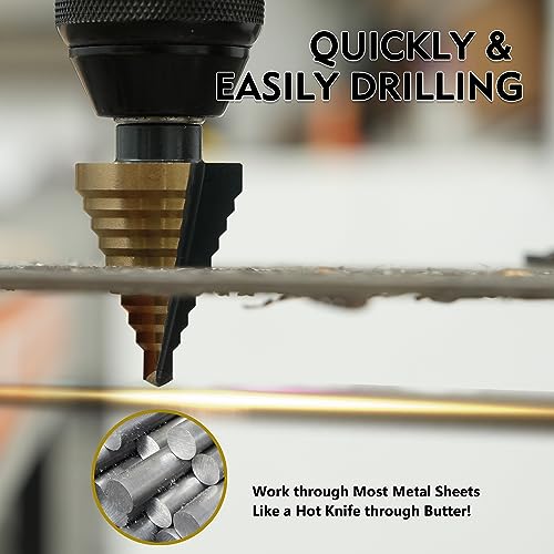 GMTOOLS Step Drill Bit Set - Black and Gold, 6 Pcs High Speed Steel Unibit Drill Bits, Stepped Up Bits & Automatic Center Punch, DIY Lovers with Aluminum Case, Total 50 Sizes for Metal - style: Black and Gold